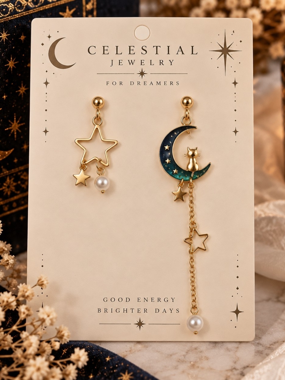 Gold Metal Star, Pearl, Cat & Moon Asymmetric Dangle Drop Earrings - New
